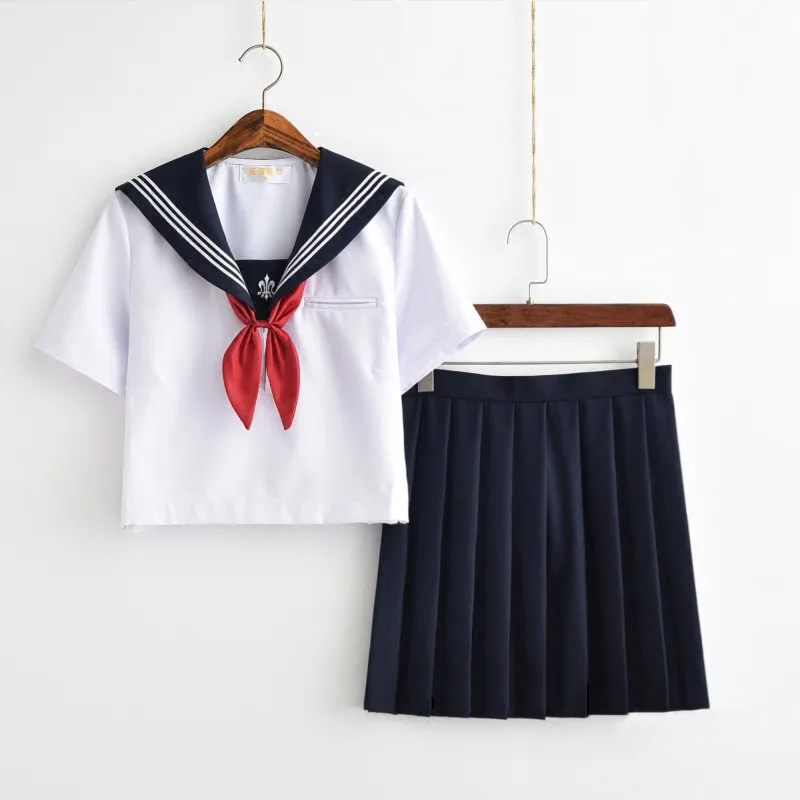 Short Sleeve Set Трайдент вышивка японская школьная форма моряк Униформа темно-синий Стиль студентов Одежда для девочек плюс размер японская школьная юбка - Цвет: Short Sleeve Set