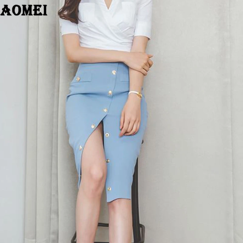 Office Ladies Skirt Workwear Summer High Split Button Up Pockets Casual Women New Arrival Elegant Jupes Female faldas Tutu Saias | Женская