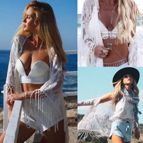 2018 Brand New Women's Bathing Suit Lace Floral Bikini Swimwear Cover Up Cardigan Beach Tassel Tops Clothes |