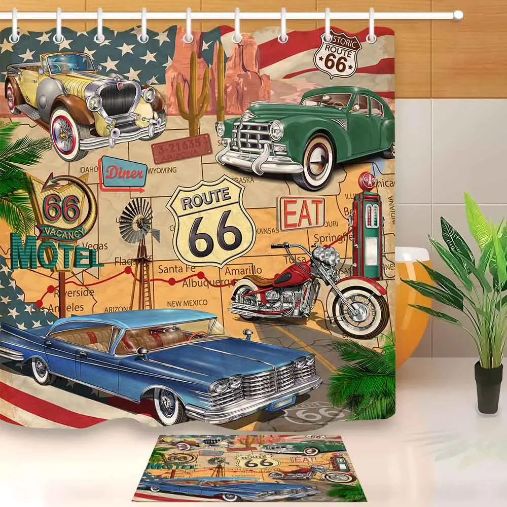 Ретро трип Автомобиль Мотоцикл старинная занавеска для душа Route 66 лайнер и коврик для ванной набор занавески для ванной s ткань для ванной Декор - Цвет: Curtain and Mat