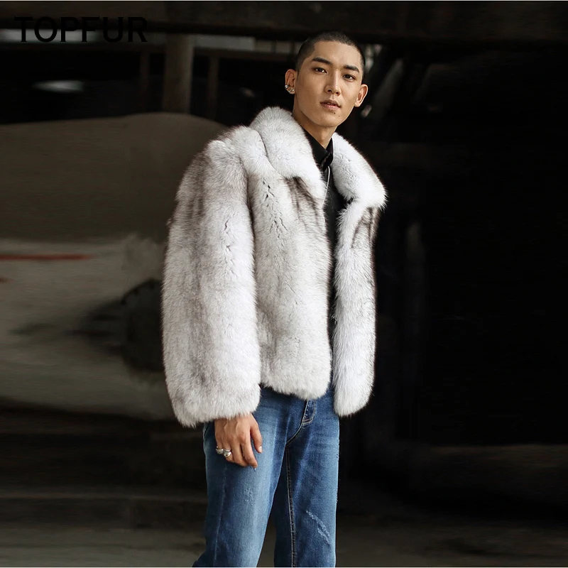 Мужская куртка с натуральным лисьим мехом белая воротником из натуральной кожи