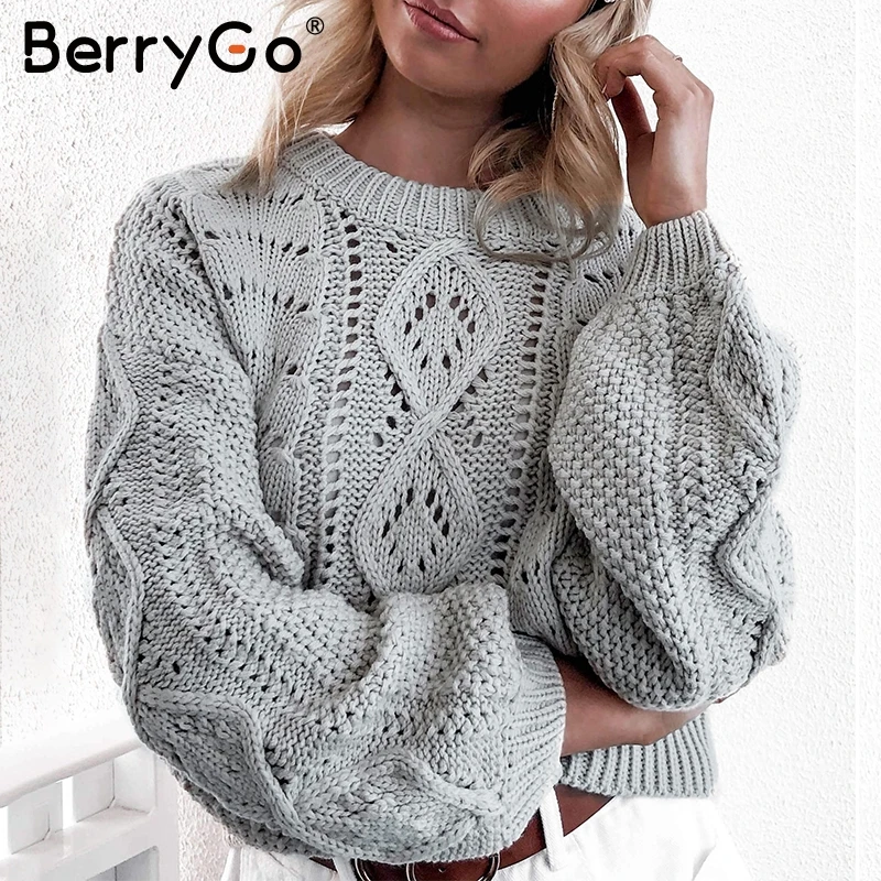 BerryGoвыдолбленный вязаный женский пуловер Свитера с рукавами-фонариками