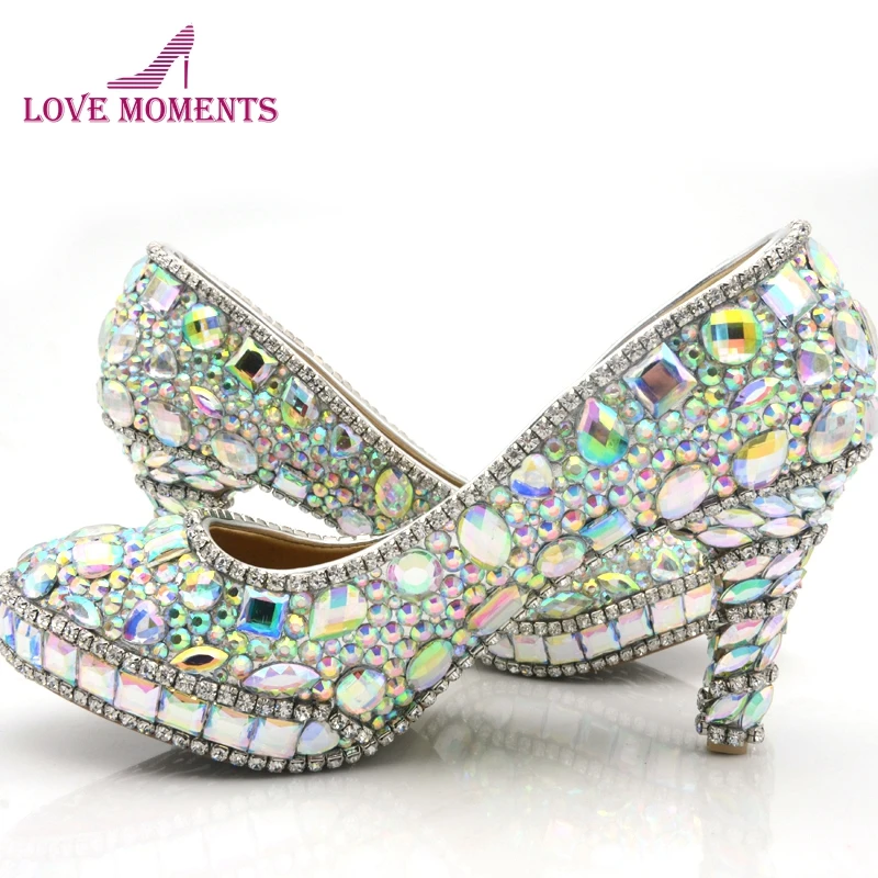 

Игристые AB Цвет Свадебная обувь с украшением в виде кристаллов 3 дюймов на высоком каблуке лет выпускные, бальные туфли Бальные вечерние жен...