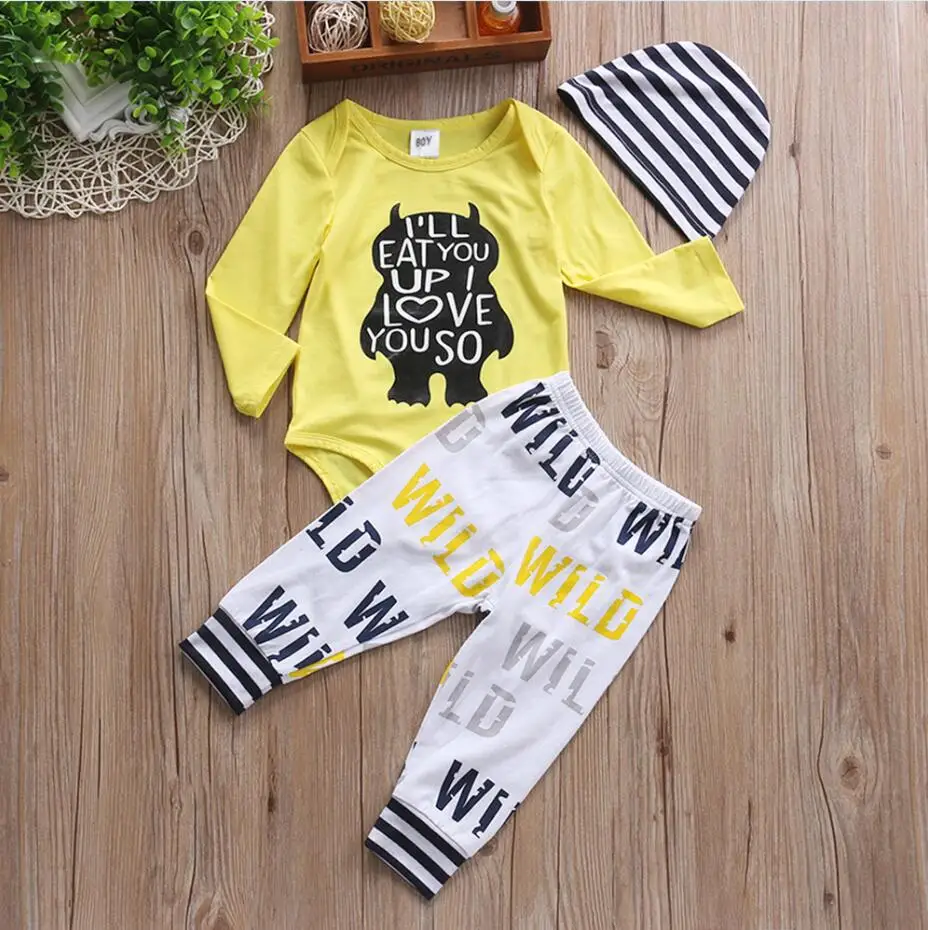 

Baby Boy Clothing Set I'll EAT YOU UP I LOVE YOU SO Bodysuit+Pants+Hat 3PCS Newborn Baby girls boys clothes outfit