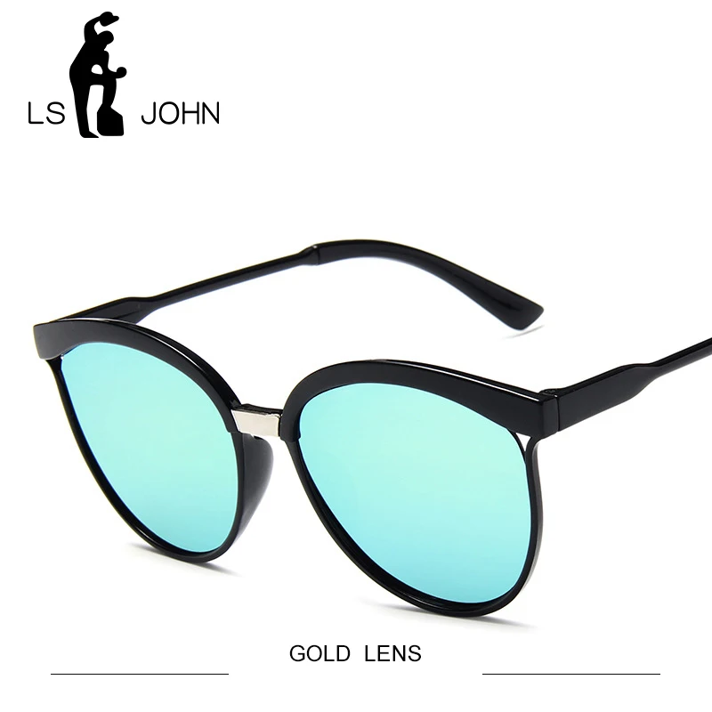 LS JOHN, фирменный дизайн, кошачий глаз, солнцезащитные очки для женщин, Ретро стиль, металлические очки для женщин, зеркальные, Ретро стиль, Lunette De Soleil Femme, UV400 - Цвет линз: GOLD