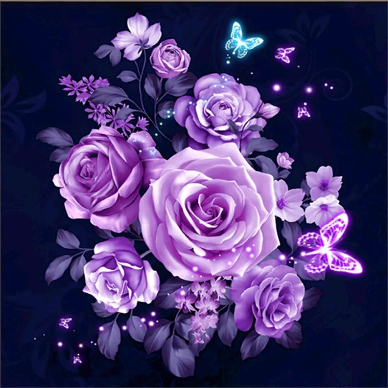 

5D Diamond Embroidery DIY Round Diamond Mosaic Purple Rose Flower Butterflies Picture Diamond Painting Cross Stitch Home Decals