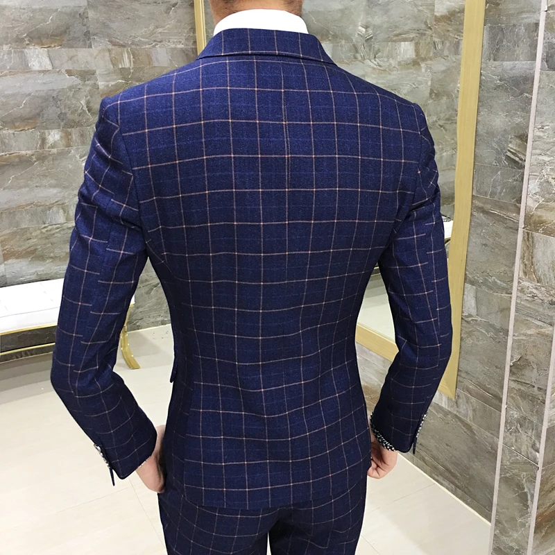 Мужской костюм в Корейском стиле облегающий двубортный клетку повседневный