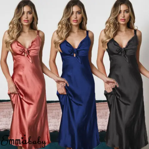 2019 сексуальное женское шелковое атласное Ночное платье без рукавов с V-образным