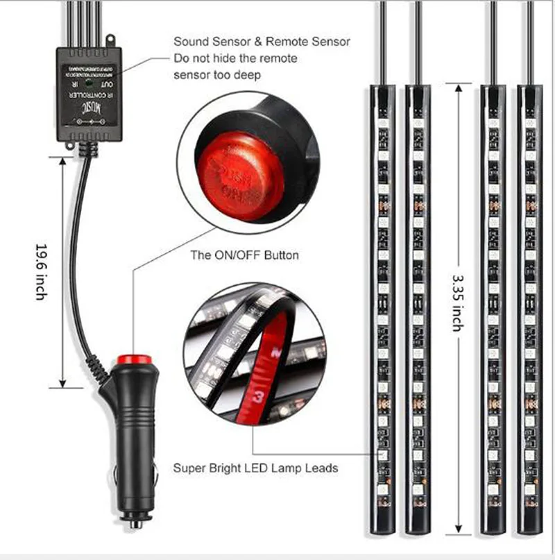 Автомобильный USB LED свет атмосферы Музыка Пульт дистанционного управления RGB