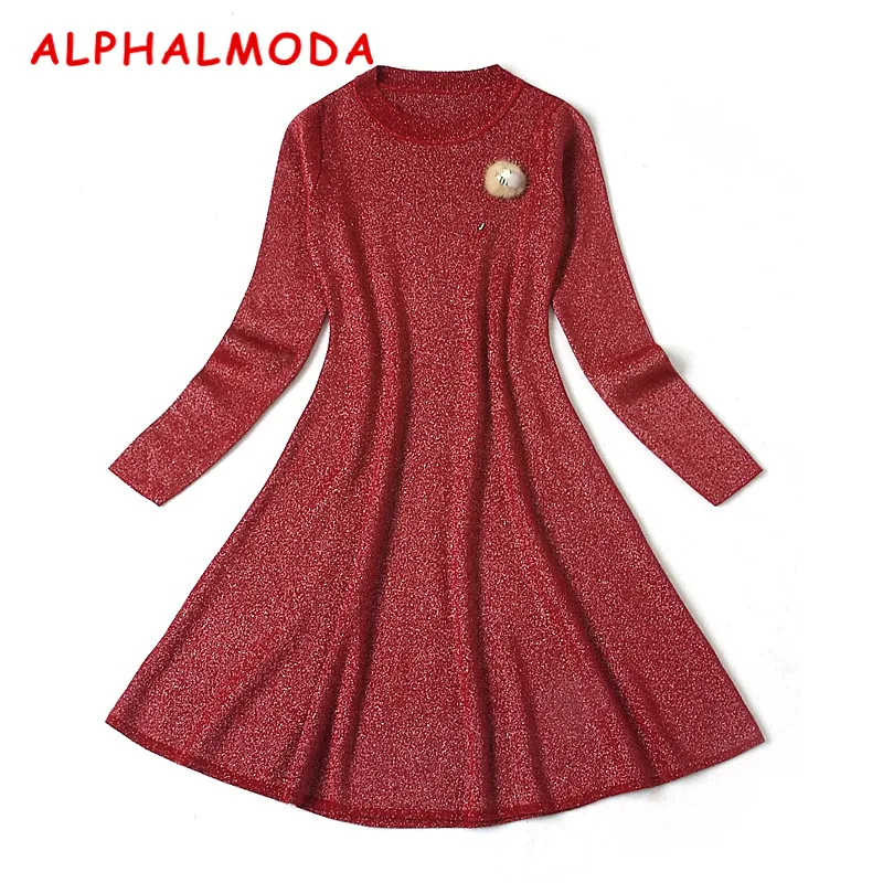 Женское трикотажное платье ALPHALMODA с длинным рукавом реальное блестящее для