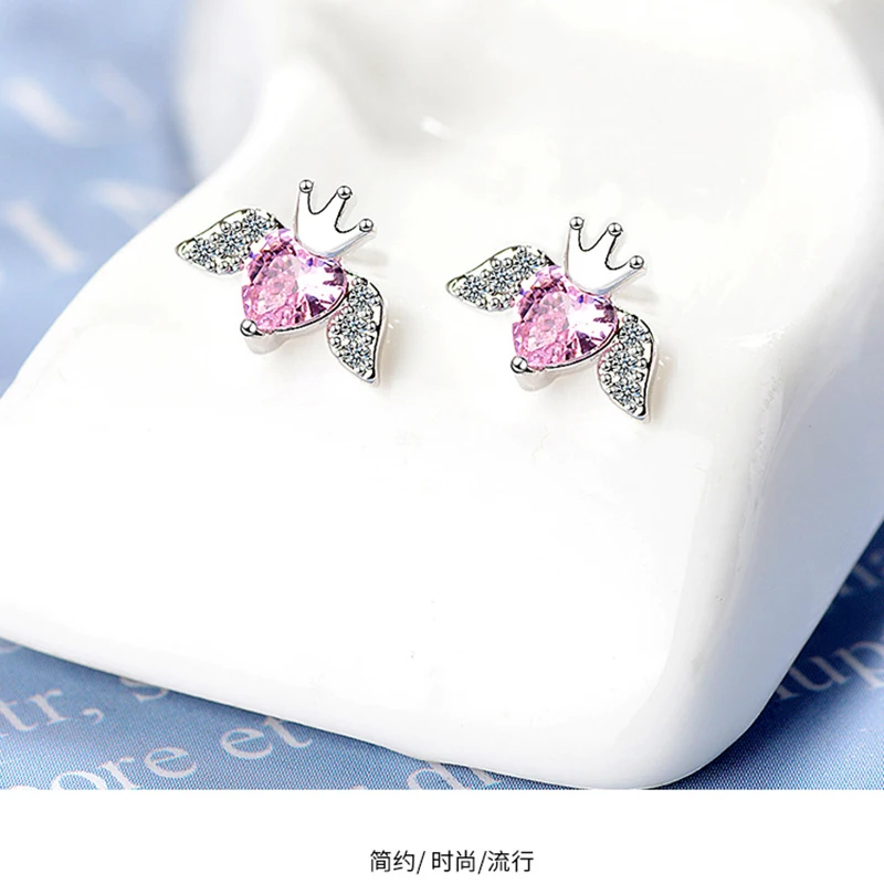 XIYANNIKE 925 Sterling Sliver The Wing Of Angel Queen Zirconia Stud Earrings Cute Simple Fashion For Women Gift Trendy Oorbellen | Украшения