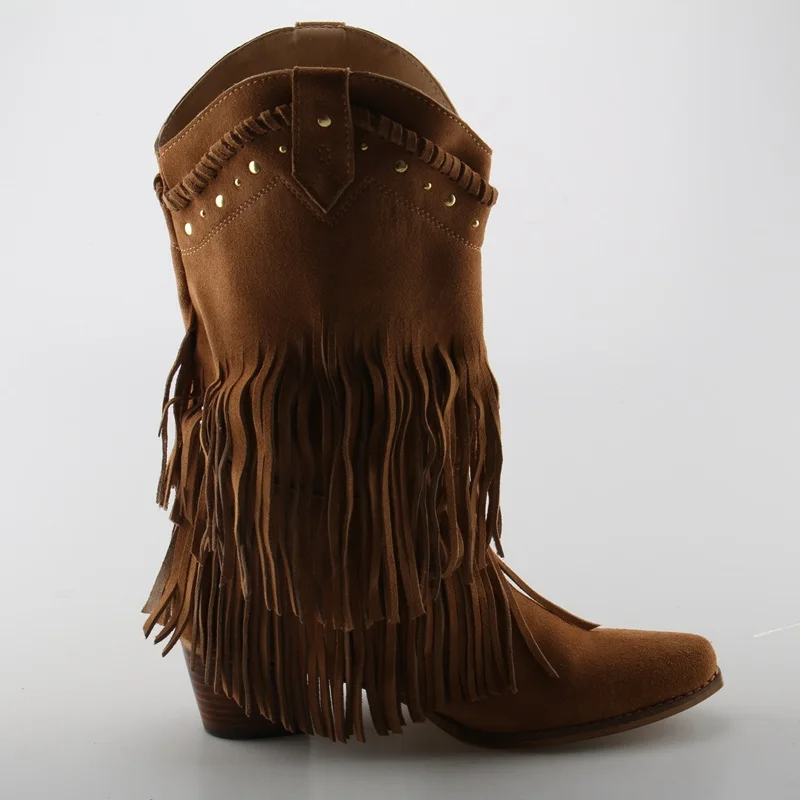 

Hot Camel Suede Leather Women Slip On Fringe Boots Pointy Toe Cowboy Style Ladies Western Boots High Quality Med Heel Rivet Boot