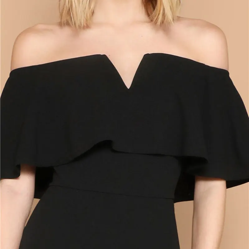 SHEIN Однотонное Облегающее Платье С Открытыми Плечами Женское Черное Платье С Оборками