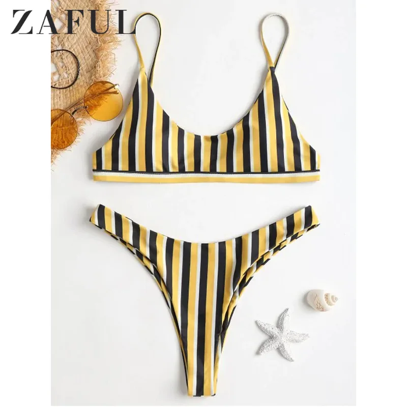 Женский купальник ZAFUL бикини в полоску с высокой посадкой на тонких