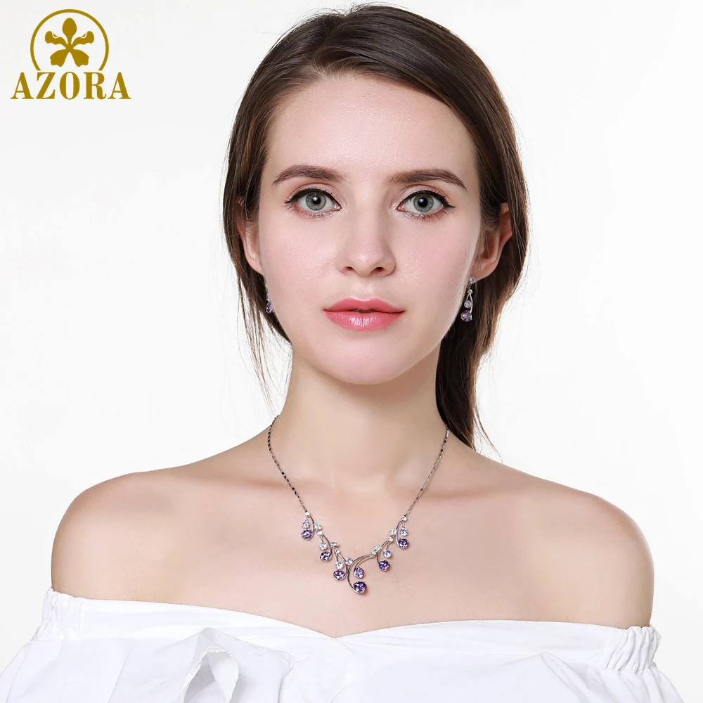 AZORA, круглый фиолетовый кубический цирконий, капля воды, ожерелья, серьги, ювелирные наборы для женщин, для свадьбы, помолвки, изготовление ювелирных изделий TG0265