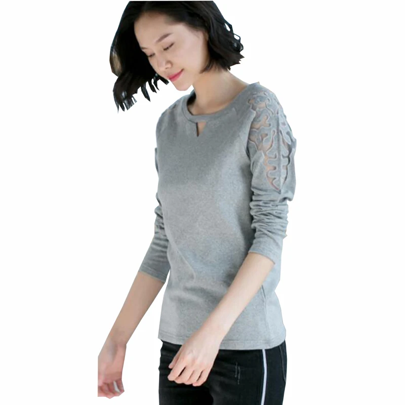 New 2018 spring Female T-shirt Long Sleeve Hollow plus size Women Cozy Cotton T Shirt Tops Tees Brand Fashion Camisetas | Женская одежда