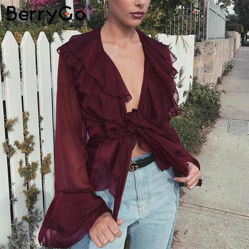 BerryGo сексуальная шифоновая блузка с v образным вырезом и рюшами рубашка Осень
