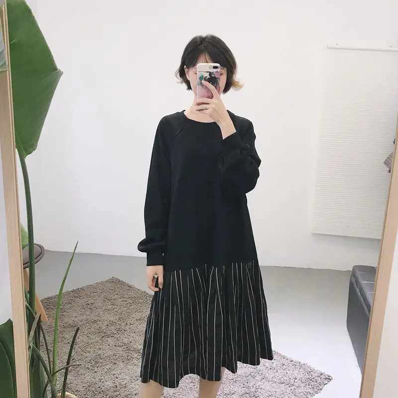 Winter Dresses Women 2017 Casual Loose Striped Patchwork Fake Two Piece Long SLeeve Sweatshirt Dress Black Midi D216 | Женская одежда