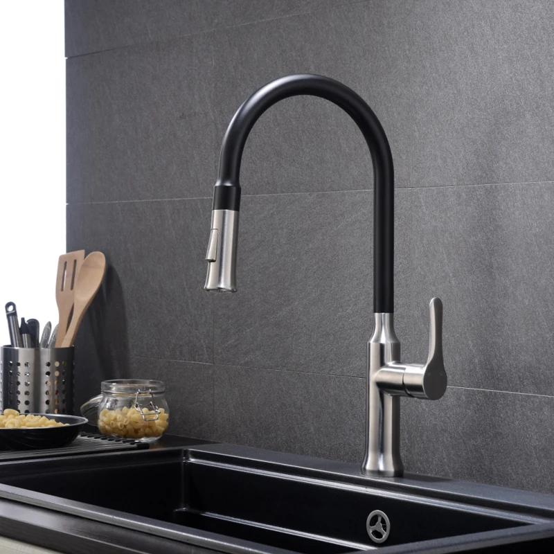 THUN Pull Down Stainless Steel Kitchen Faucet Black White Finish Dual Sprayer Nozzle Hot Cold Water Sink Mixer Torneira Cozinha |