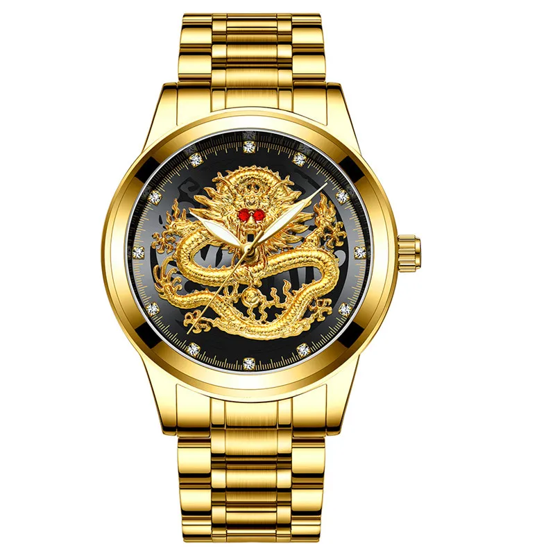 gold black Модные Повседневные часы для мужчин водонепроницаемые Бизнес Кварцевые часы люксовый бренд Стразы красные глаза часы с изображением дракона Relojes Hombre - Цвет: gold black
