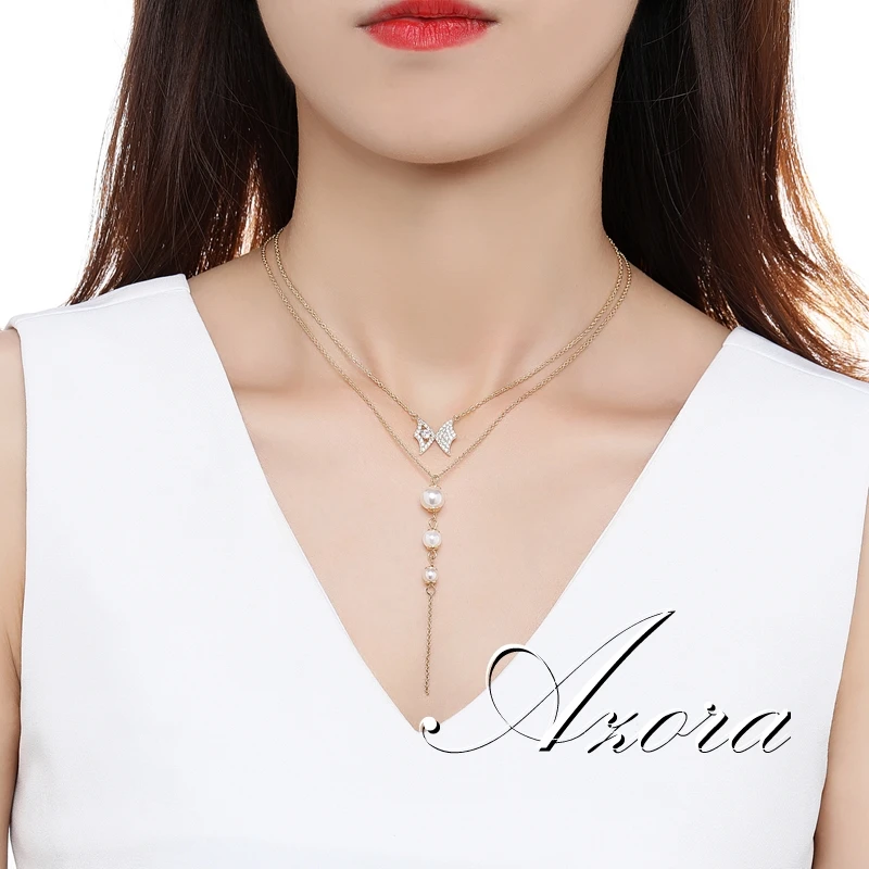 AZORA, Двойная Цепочка, роскошное, прозрачное, кубический цирконий, Бабочка, жемчуг, подвеска, ожерелье для женщин, свитер, цепь, кисточка, ювелирное изделие, TN0281