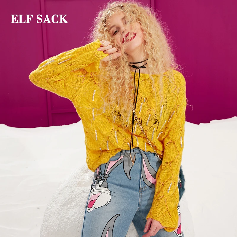 ELFSACK, новинка, зимний женский свитер, Повседневный, круглый вырез, полный, однотонный, негабаритный, свитер для женщин, шикарный стиль, свободный женский свитер