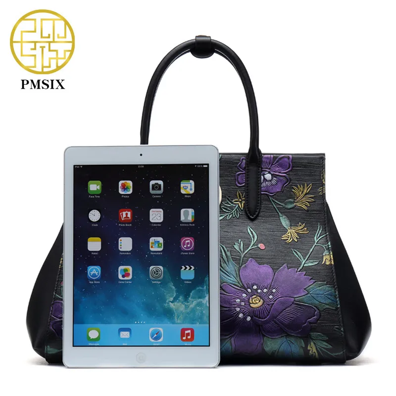 Сумка-тоут женская из натуральной кожи с тиснением в виде цветов |