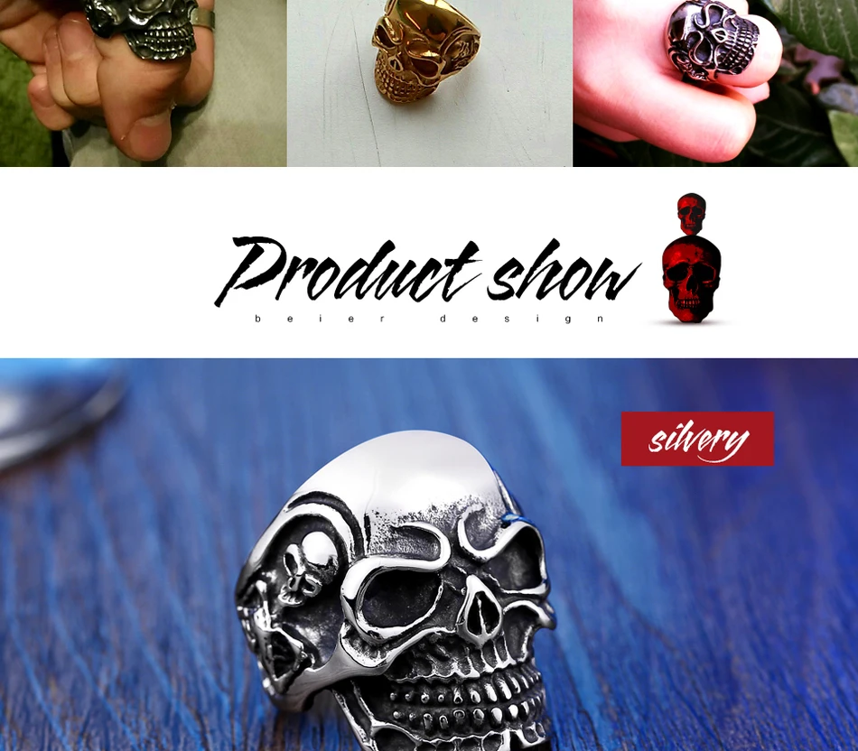 BEIER Dropshipping Fashion Stainless Steel Rings For Man Big Tripple Skull Ring Punk Biker Jewelry BR8-068