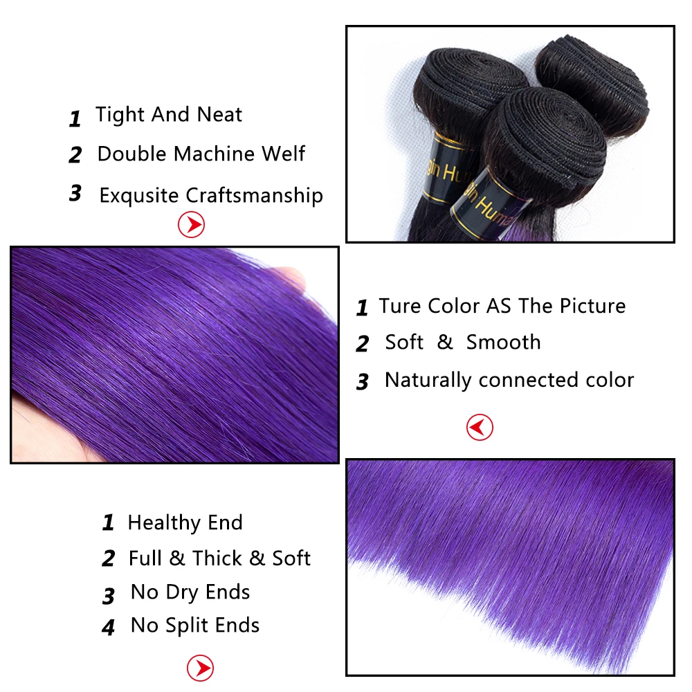 

QT Pre-Colored Ombre Human Hair 3 Bundles With Closure T1B/Purple 2 Tone Ombre Peruvian Straight Hair Non Remy Hair Weave
