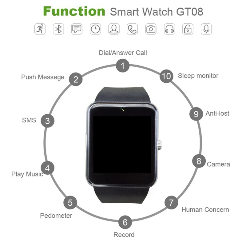 Смарт часы с Bluetooth умные Для мужчин GT08 Сенсорный экран большой Батарея Поддержка