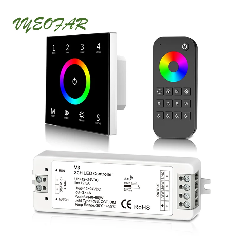 RGB Светодиодная лента управления Лер 220 В настенная сенсорная панель; 4A* 3CH 12A выходной приемник; RT4 цветное кольцо РЧ пульт дистанционного управления 5050 светодиодная RGB лента управления