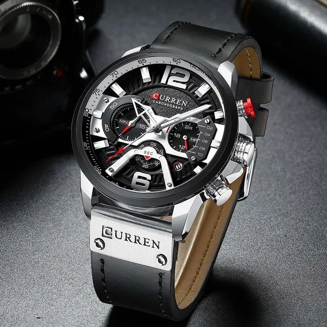 silver black Curren Мужские часы Топ бренд класса люкс Хронограф большой циферблат Мужские часы наручные Кожа водонепроницаемые спортивные армейские военные часы - Цвет: silver black