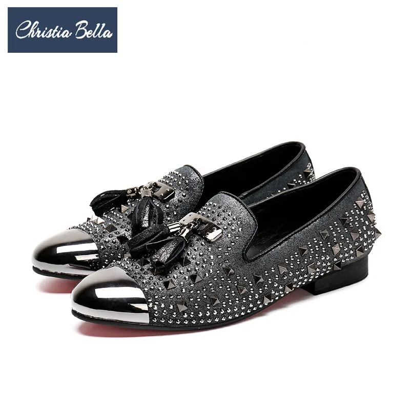 

Christia Bella British Style Men Party Wedding Tassel Loafers Suede Rivet Men Dress Shoes Plus Size Smoking Slippers Male Flats