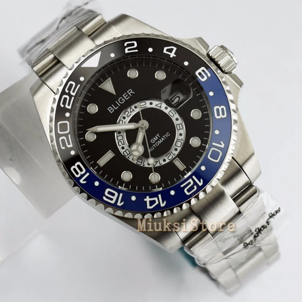 43 мм черный циферблат керамический ободок светящийся GMT Дата автоматические