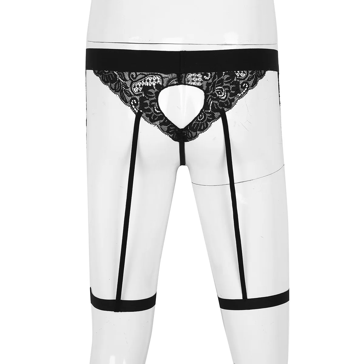Swimwear Men Bikini Thong Underwear Lingerie See Through Lace Open Butt Bulge Pouch Cutout Heart G-string with Leg Garters Band
