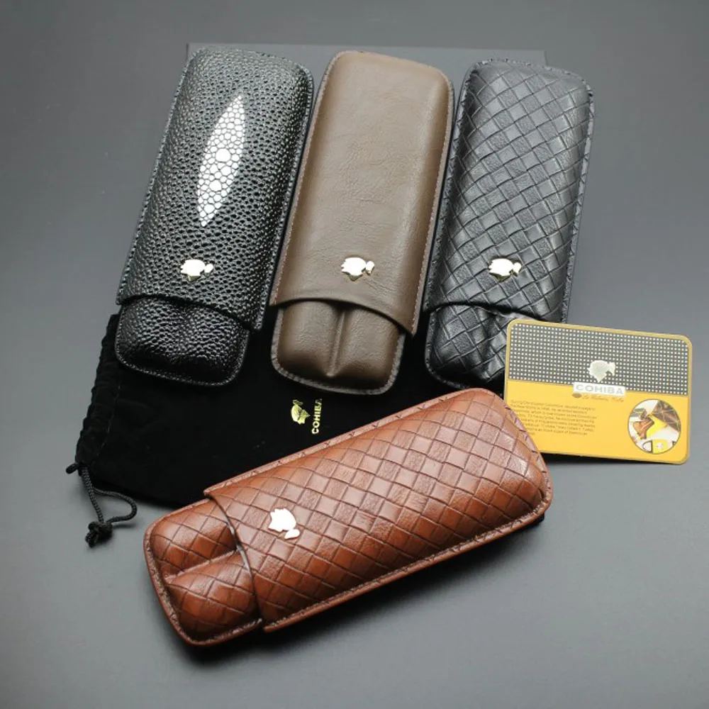 1х новые гаджеты COHIBA Сетка Кожаный портсигар держатель Чехол Humidor 2 трубки граф Портативный Путешествия Humidor с подарочной черный Чехол Коробка