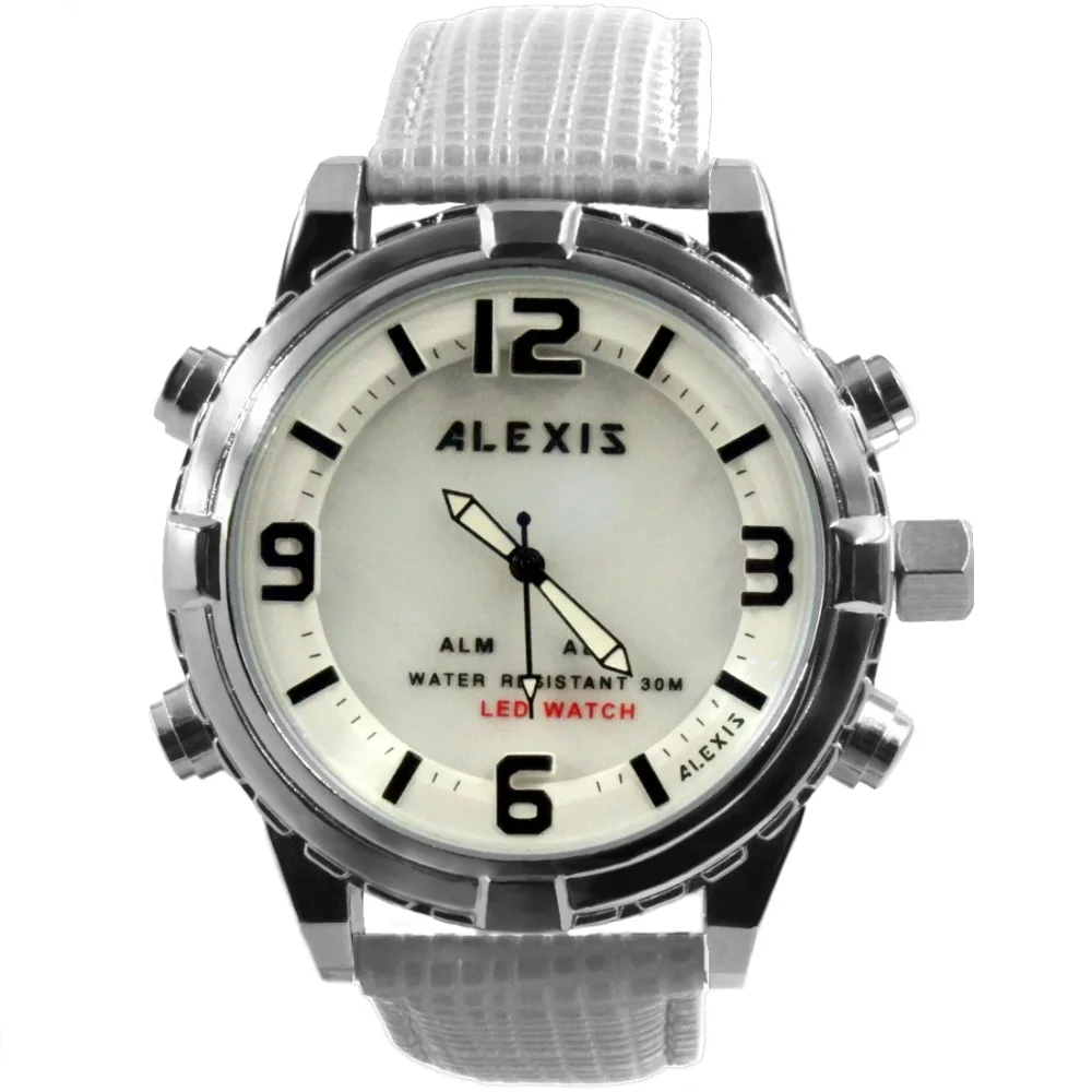 Часы Alexis Fashion Мужские водонепроницаемые LED andigit с кожаным ремешком черный белый
