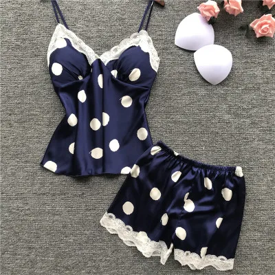 navy blue Daeyard модные пижамы в горошек для женщин домашняя одежда Шелковый пижамный комплект Сексуальная атласная пижама Милая летняя Пижама с нагрудными накладками - Цвет: navy blue