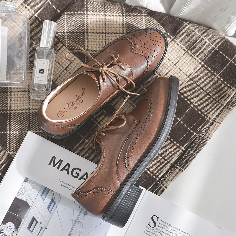 2019 г. Женские Кожаные броги на платформе с бахромой шнуровке в стиле ретро