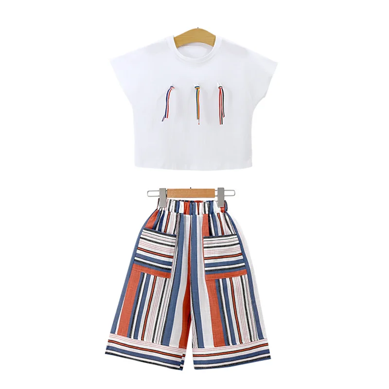 

Girls Cotton T-Shirt Wide Leg Pants Set Girls Summer Loose T-Shirt Shorts Set Girls fashion T-shirt striped pants two-piece suit