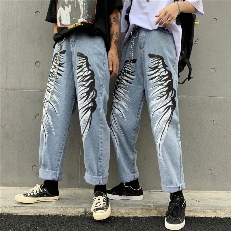 Джинсы в стиле харадзюку для мужчин и женщин винтажные прямые джинсы с принтом