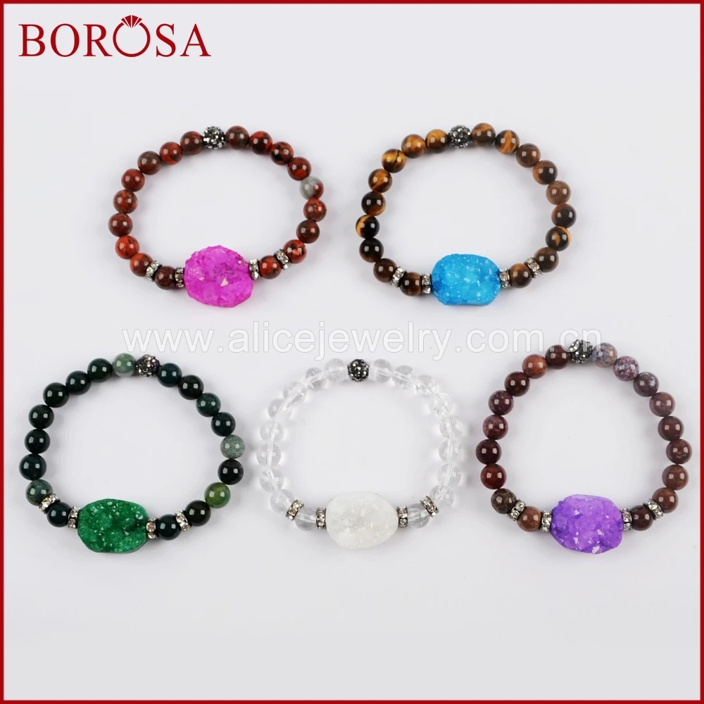 

BOROSA 5pcs Rainbow Agates Druzy With 8mm Multi-kind Stone Beads Bracelet Mixed Colors Gems Bangles Drusy Jewelry G1556