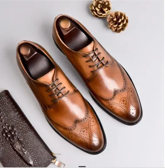 

NEW Men Bullock carved dress formal shoes fashion lace-up falt oxford for men Genuine leather party office shoes