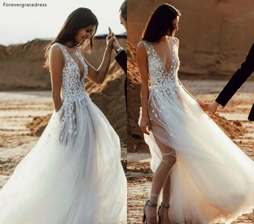 

Недорогое Бохо свадебное платье А-силуэта с глубоким треугольным вырезом и аппликацией, Пляжное платье для кантри-сада, формальное платье д...