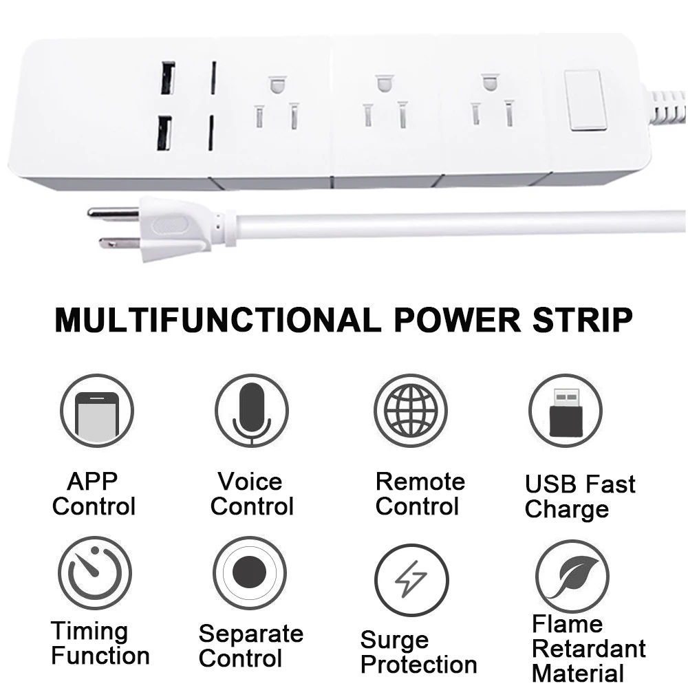 Умная полоса питания для США WiFi 2 usb-порта 3 розетки переменного тока таймер