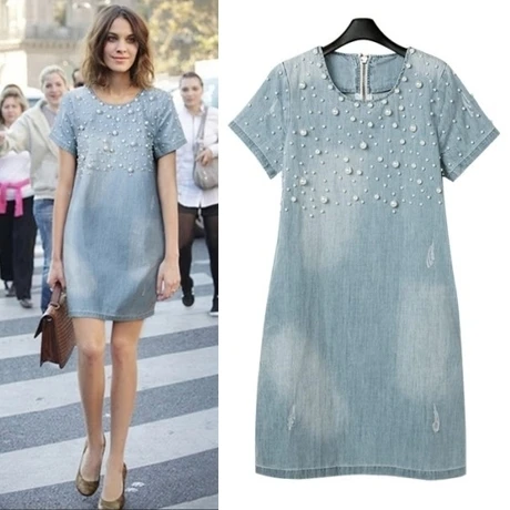 Summer Style Women's Denim Jeans Dress - Loose Short Sleeve, O Neck, Washed, Beaded, Elegant Evening Party Dresses (4X-5XL, D44)