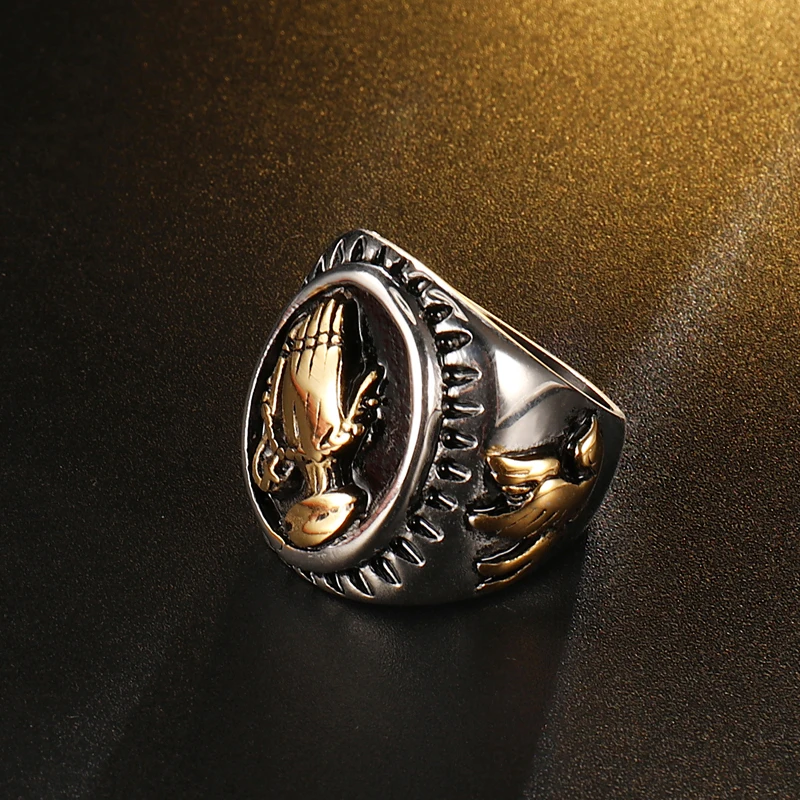 D&ampZ Gold Silver Color Blessed Prayer Hands Ring Male Vintage 316L Stainless Steel Rings For Men Jewelry Accessories | Украшения и