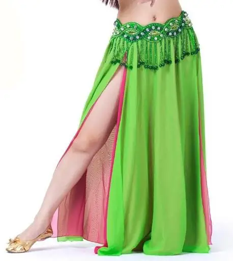 Green-Rose Костюм для танца живота шифоновая юбка для танца живота 2 боковыми разрезами юбка пикантные Для женщин живота юбка для танцев профессиональный - Цвет: Green-Rose