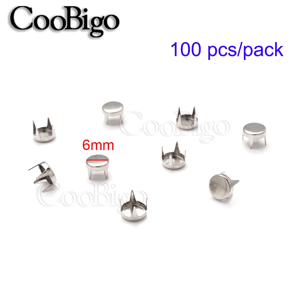 100pcs 6mm Silver 100 шт круглые плоские 4 шпильки-шпильки 3 мм-10 мм с бусинами и заклепками для одежды, обуви, сумок, кожаных изделий, рукоделия, Швейные аксессуары - Цвет: 100pcs 6mm Silver