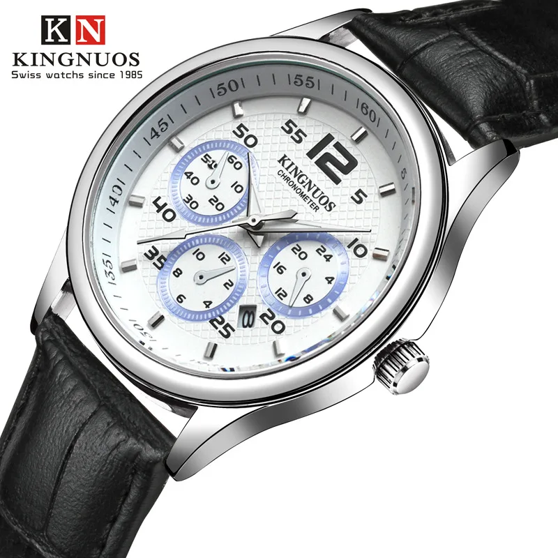 New KINGNUOS Brand Fashion Business Mens Wristwatch Waterproof Male Watch Casual Leather Strap Quartz Watches Relogio Genuine | Наручные